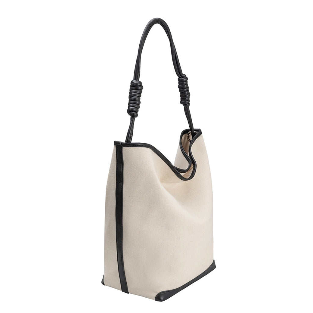 Adeline Cream Vegan Leather Trim Canvas Tote Bag | Melie Bianco
