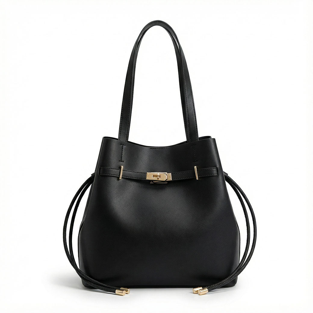 Black Vegan Leather Convertible Drawstring Bucket Bag Tote