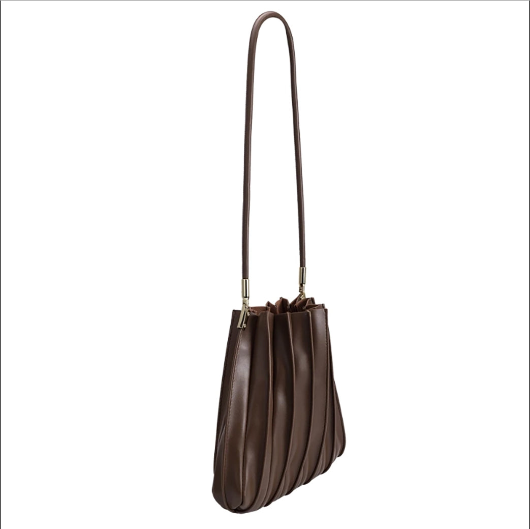 Carrie Chocolate Pleated Vegan Leather Shoulder Bag | Melie Bianco