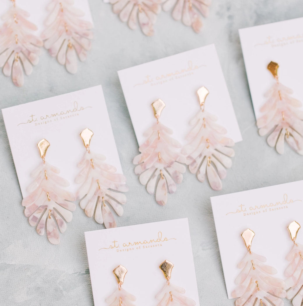 Pink Petite Palm Leaf Drop Earrings Acrylic Monstera | St Armands Designs of Sarasota