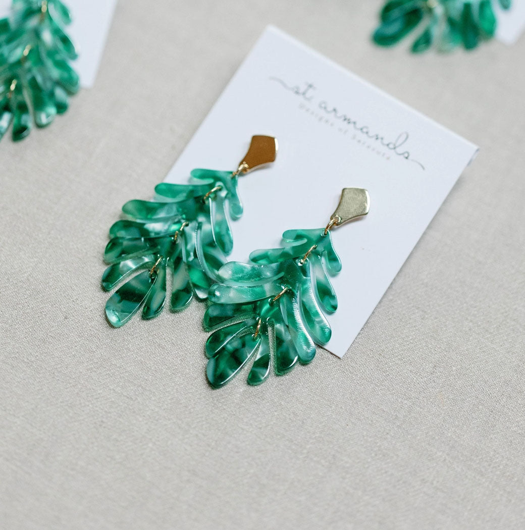 Green Petite Palm Leaf Drop Earrings Lightweight Acrylic Monstera | St Armands Designs of Sarasota
