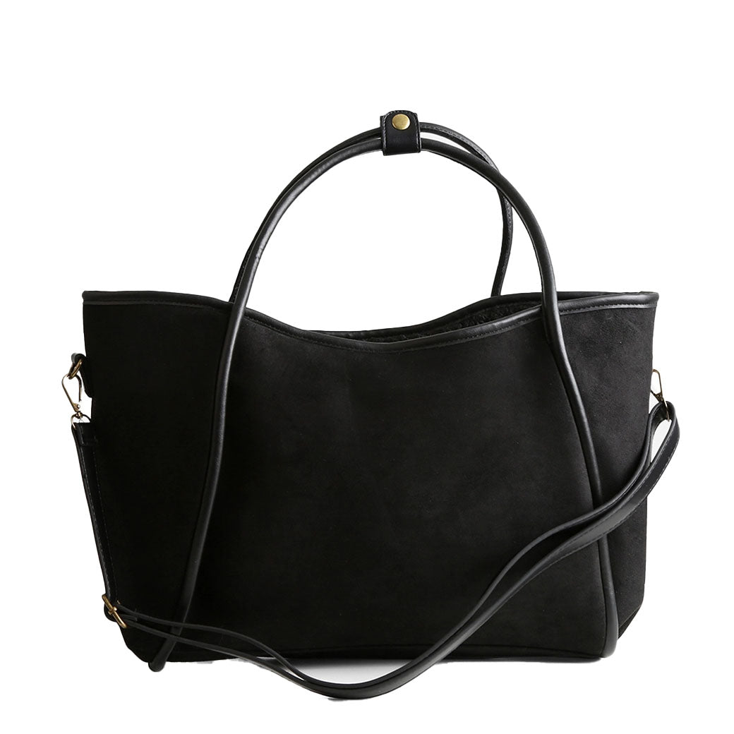 Faux Suede Black Shoulder Tote Bag