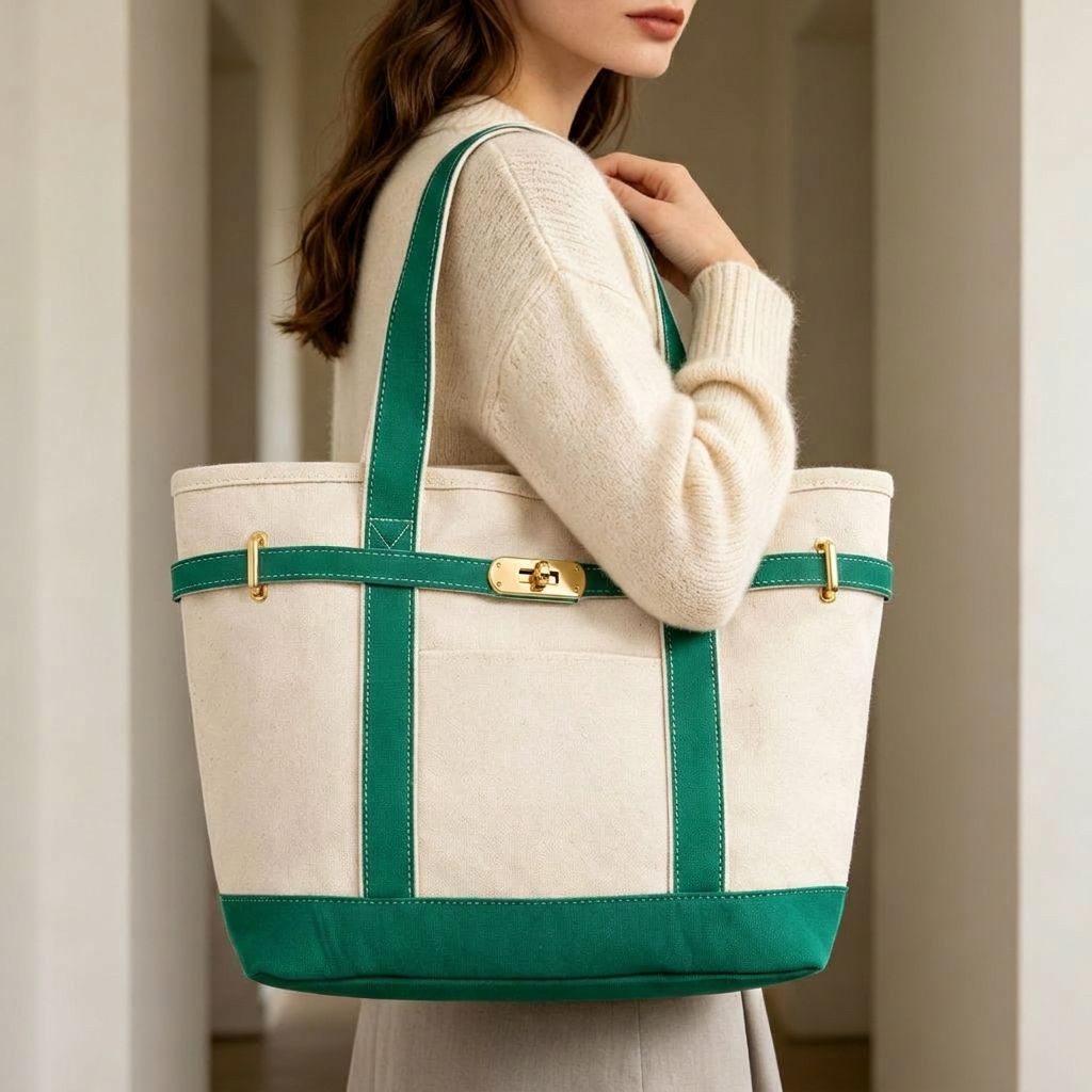 Canvas Boat Tote Green Trim Collapsible Carryall