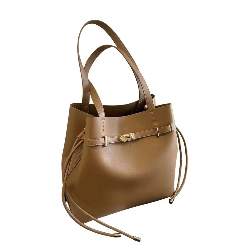 Khaki Vegan Leather Convertible Drawstring Bucket Bag Tote