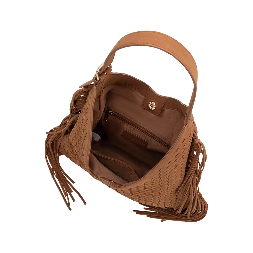 Brynlee Tan Vegan Suede Woven Fringe Tote | Melie Bianco