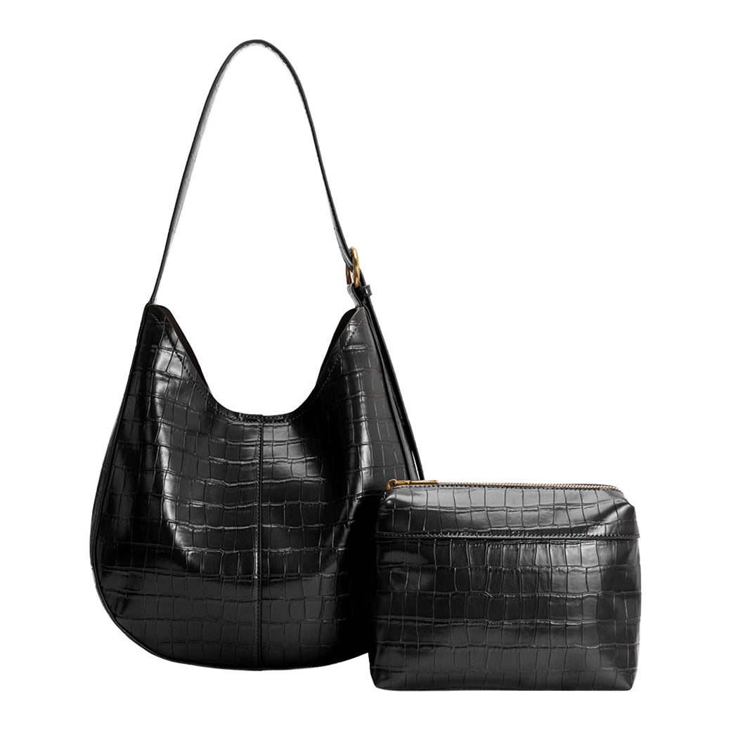 Stefanie Black Croc Embossed Vegan Leather Shoulder Bag | Melie Bianco