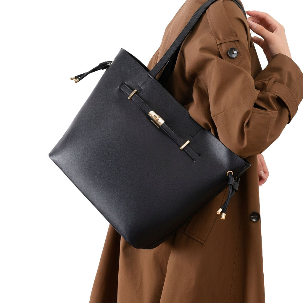 Black Vegan Leather Convertible Drawstring Bucket Bag Tote