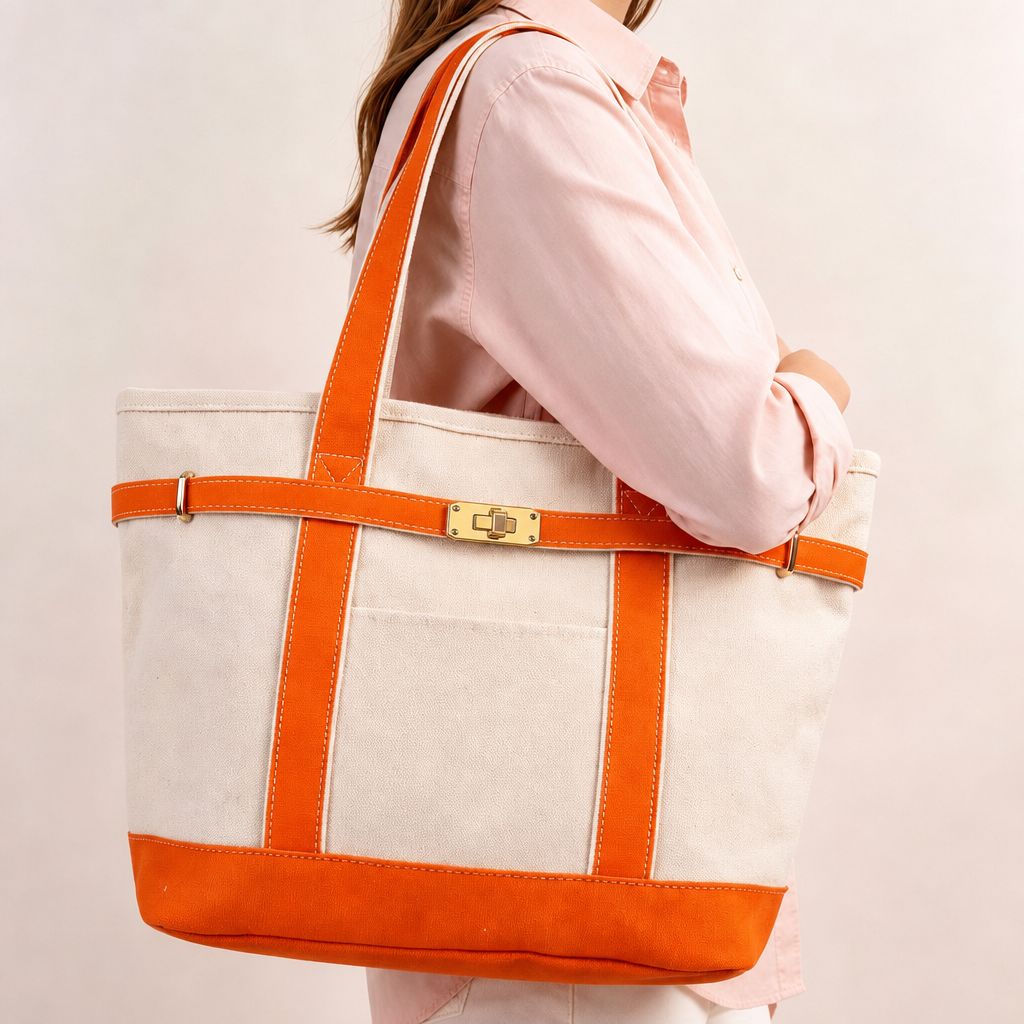 Canvas Boat Tote Orange Trim Collapsible Carryall