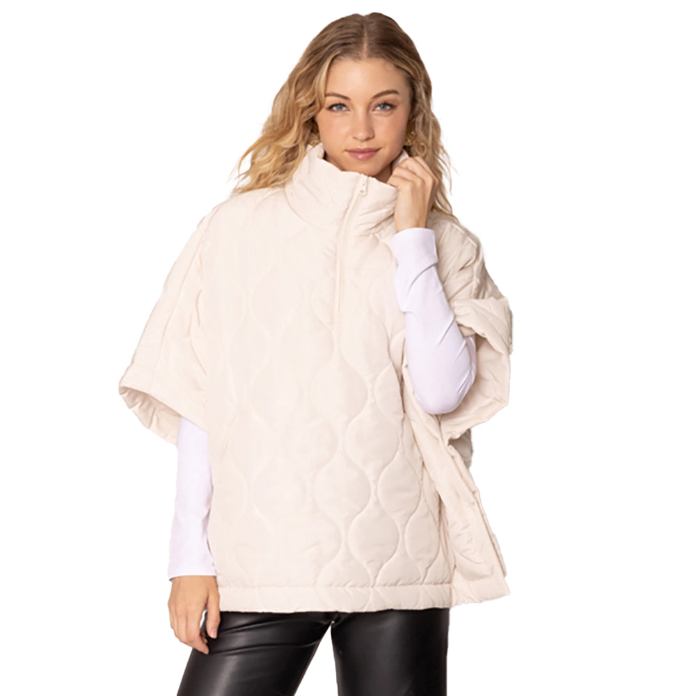 Women’s Cream Quilted Half-Zip Poncho | W Trading
