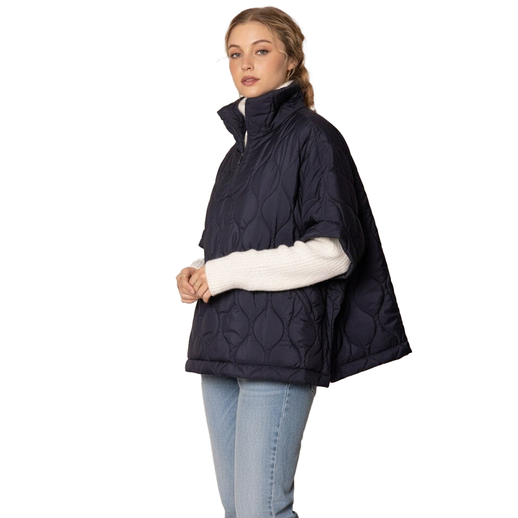 Women’s Navy Quilted Half-Zip Poncho | W Trading