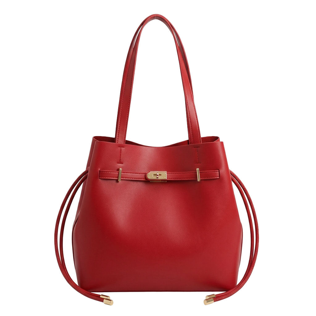 Red Vegan Leather Convertible Drawstring Bucket Bag Tote