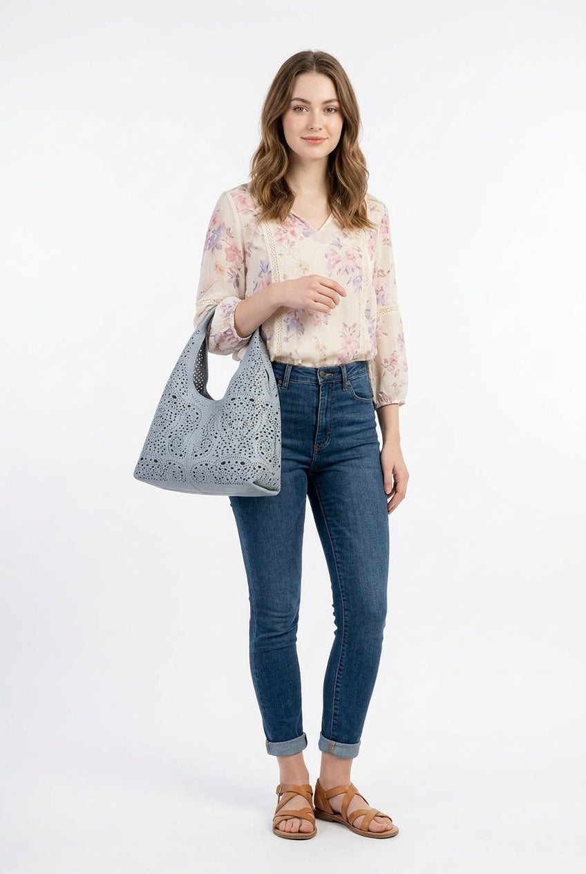 Farrow Sky Laser-Cut Vegan Leather Tote | Melie Bianco