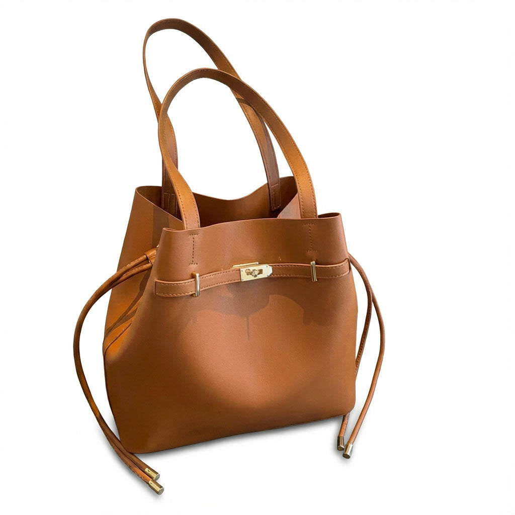 Tan Vegan Leather Convertible Drawstring Bucket Bag Tote