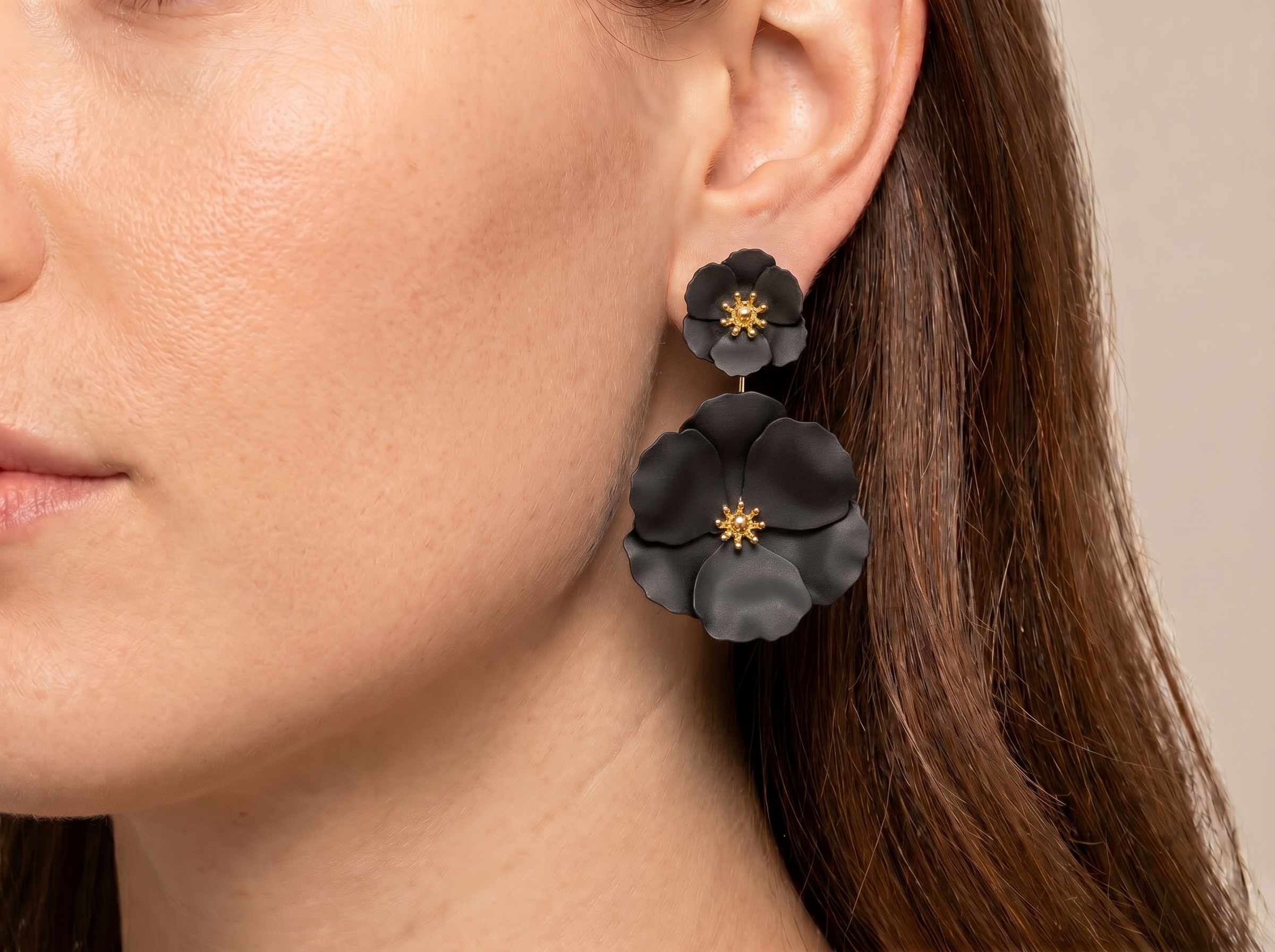 Black Floral Drop Earrings — Hand-Painted 18K Gold-Plated | ZENZII