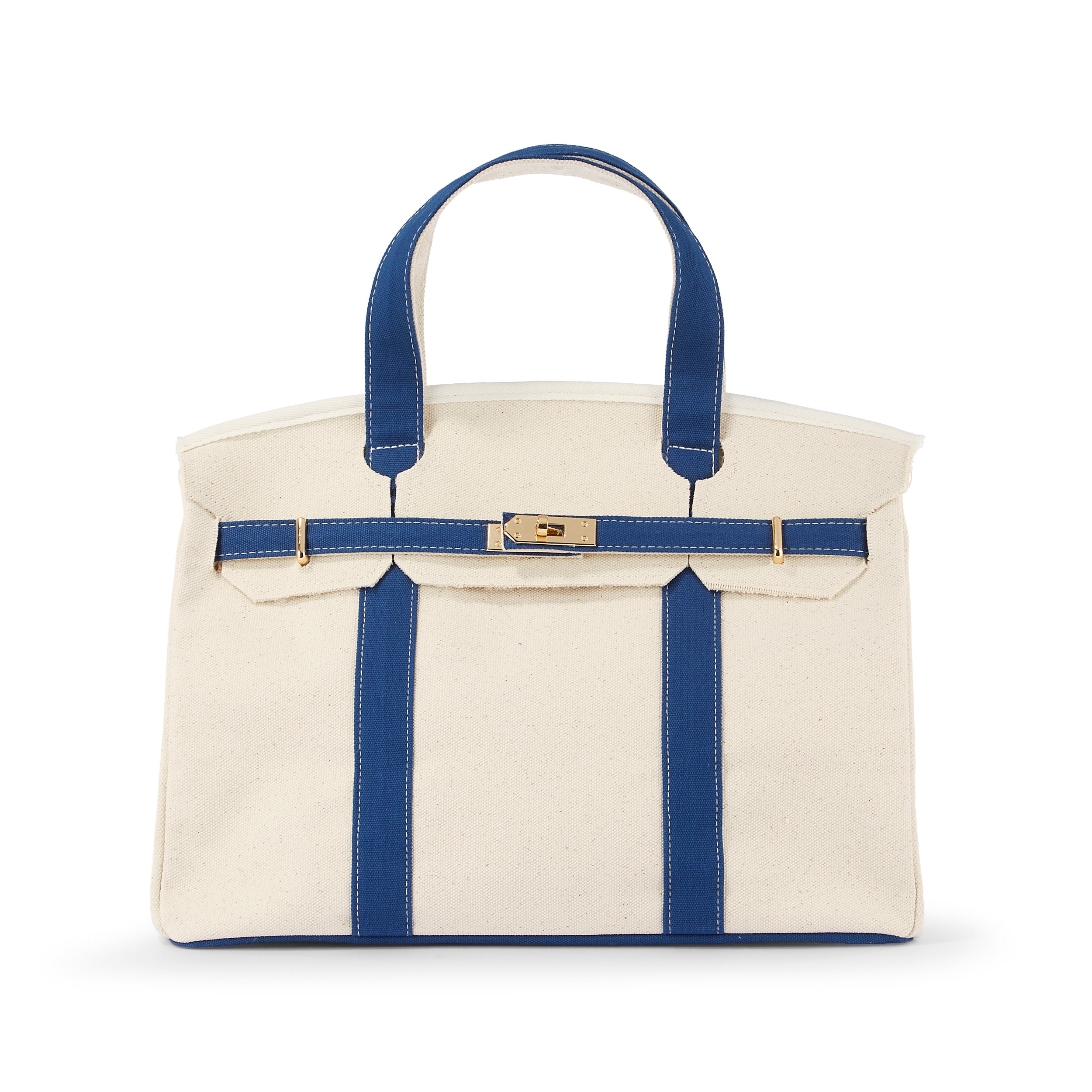 The Boatkin Canvas Tote – Handcrafted Canvas Bag Coastal Navy Trim & Gold Hardware