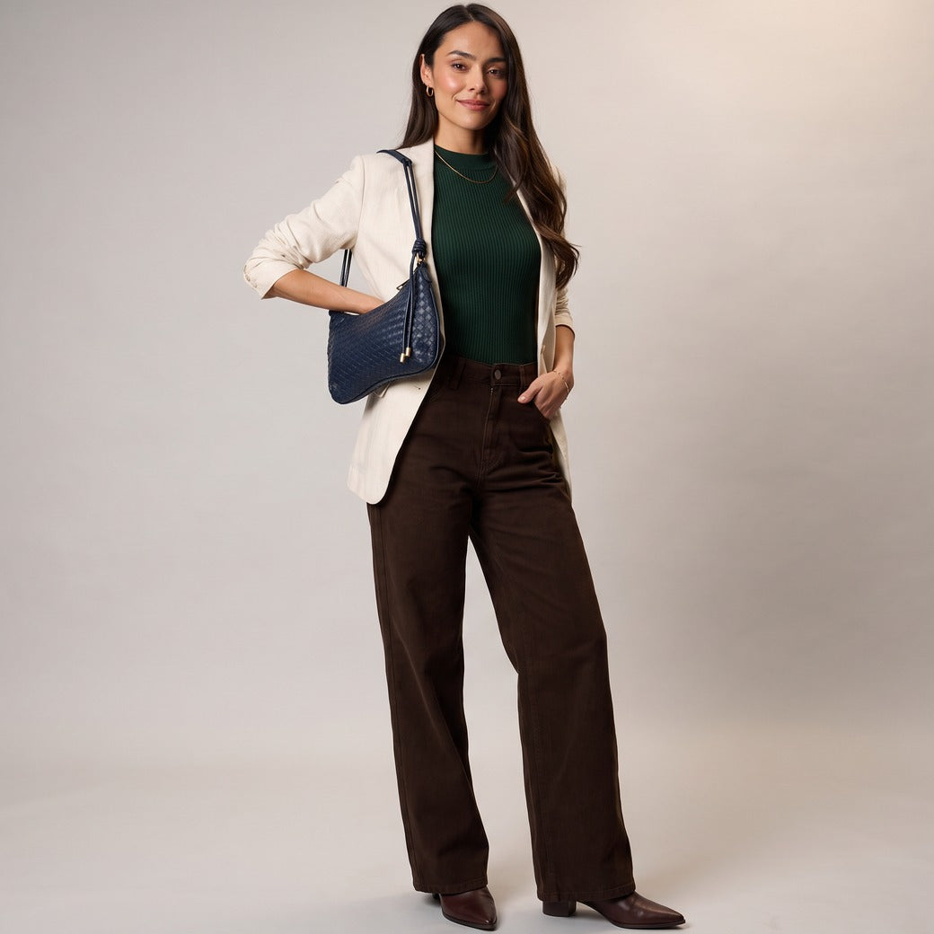 Cindy Navy Woven Vegan Leather Shoulder Bag | Moda Luxe