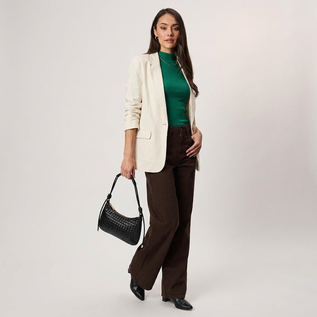 Cindy Black Woven Vegan Leather Shoulder Bag | Moda Luxe