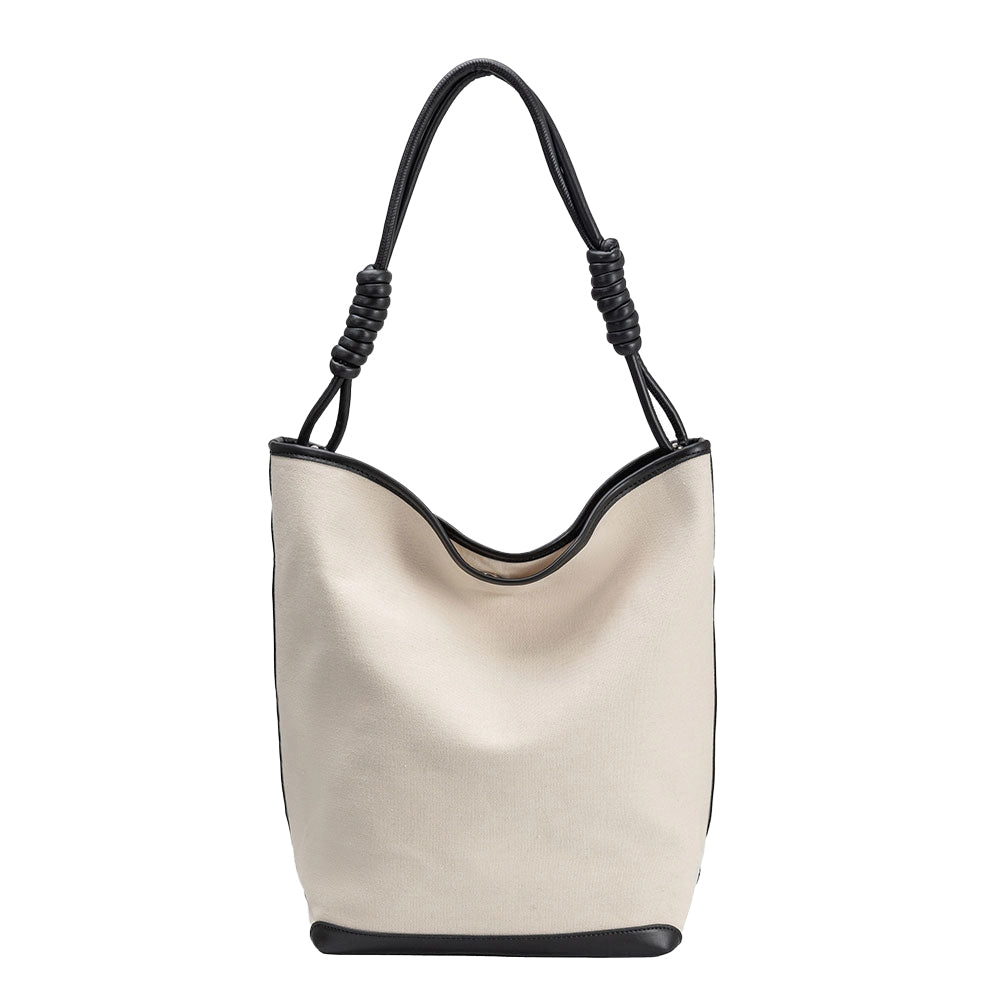 Adeline Cream Vegan Leather Trim Canvas Tote Bag | Melie Bianco