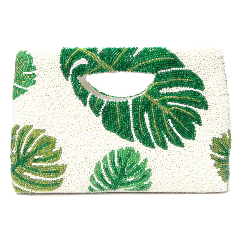 Green & Cream Beaded Palm Leaf Bag