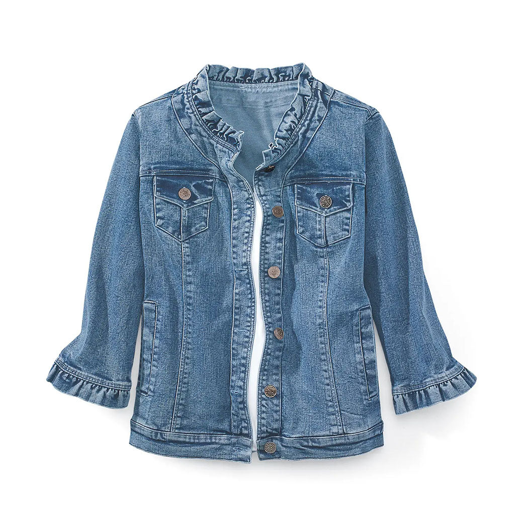 Ruffled Denim Jean Jacket — 3/4 Sleeve Button Front | NorthStyle