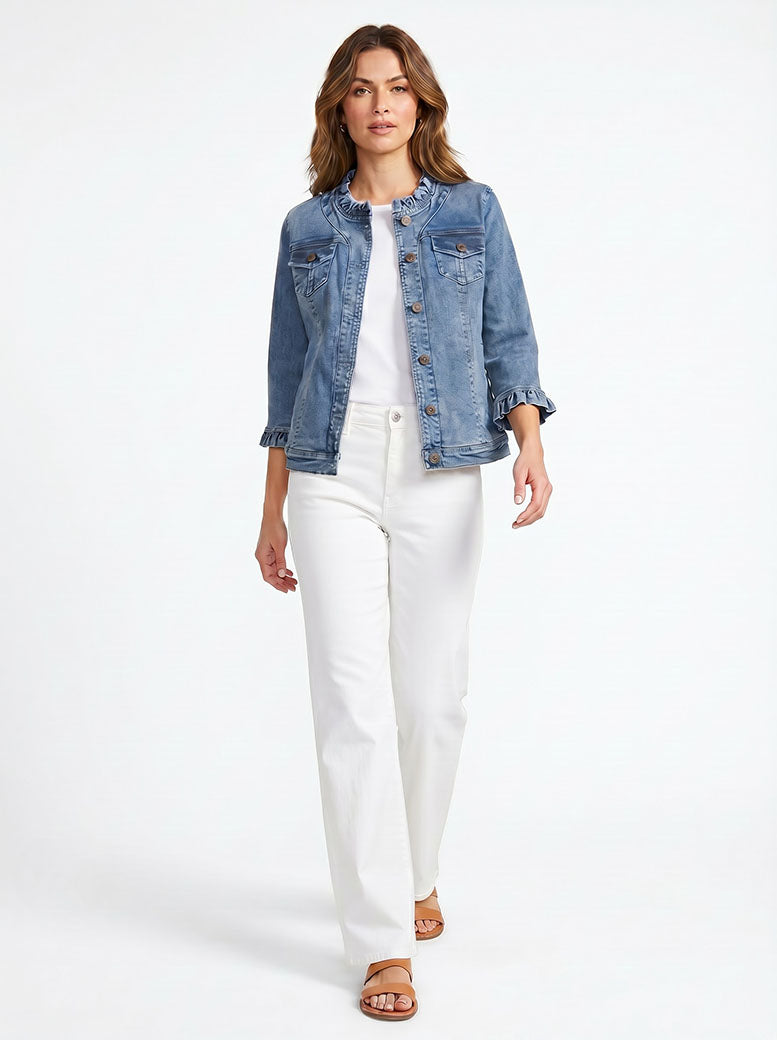 Ruffled Denim Jean Jacket — 3/4 Sleeve Button Front | NorthStyle
