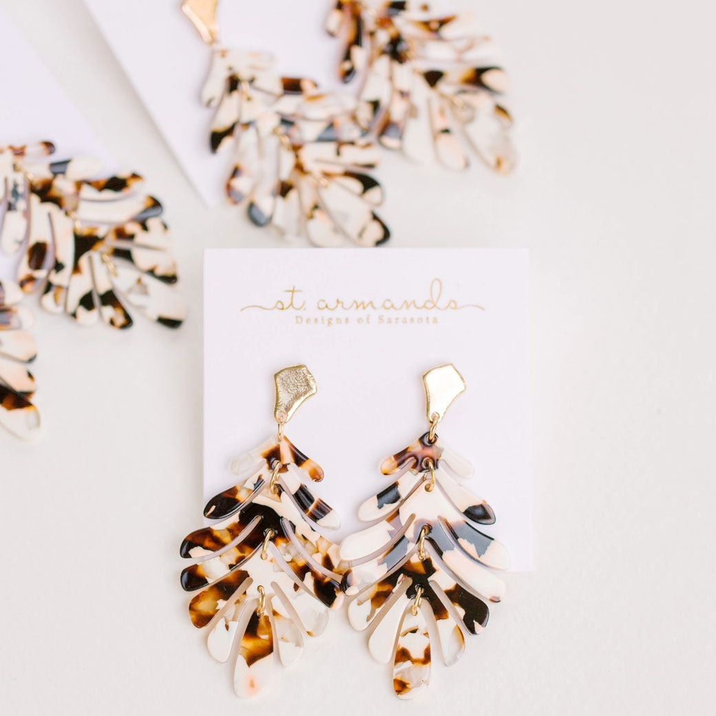 Cocoa Brown Palm Leaf Drop Earrings — Acrylic Monstera | St Armands Designs of Sarasota