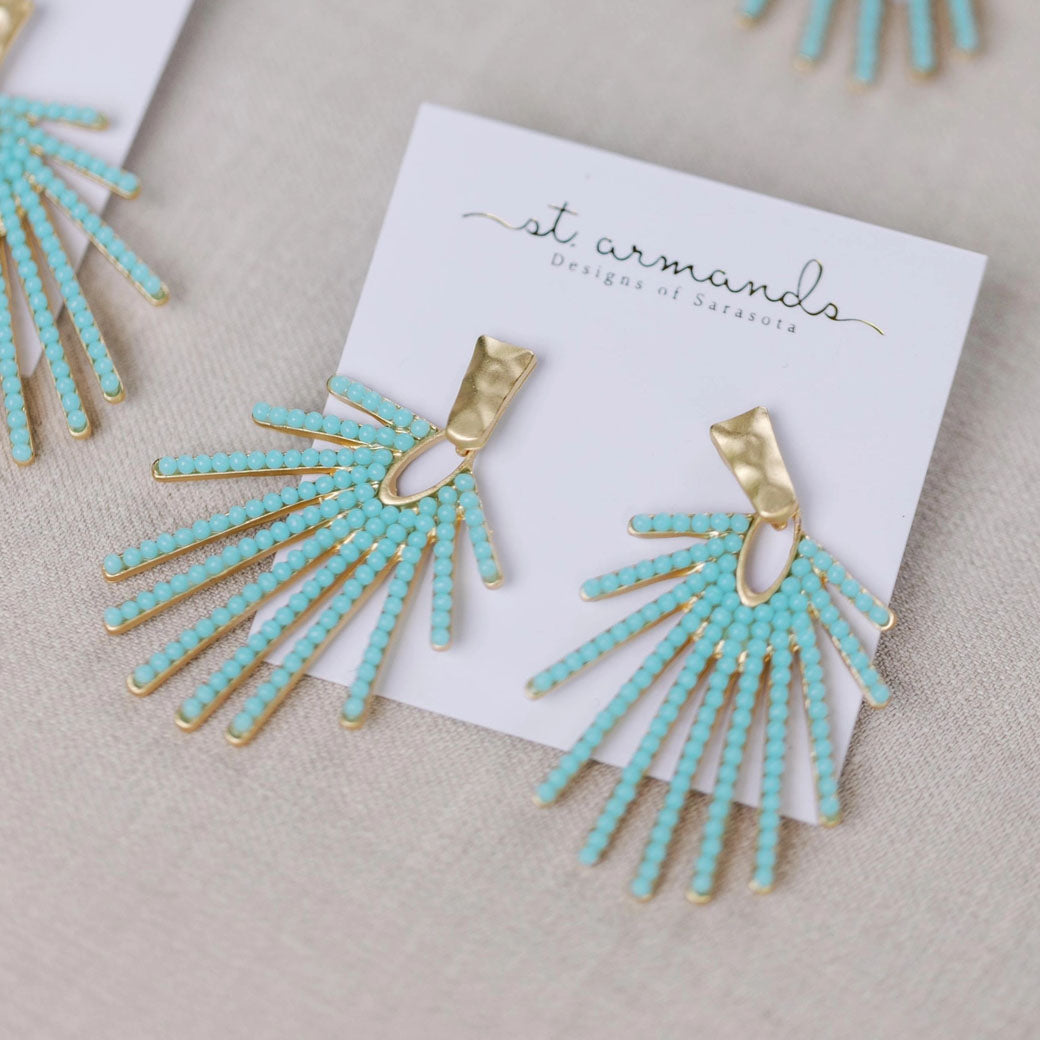 Light Turquoise Sunburst Statement Drop Earrings | St Armands Designs of Sarasota