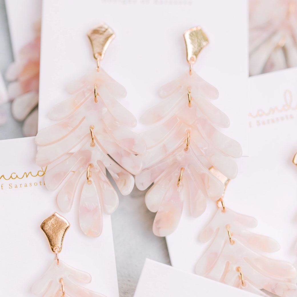 Pink Petite Palm Leaf Drop Earrings Acrylic Monstera | St Armands Designs of Sarasota