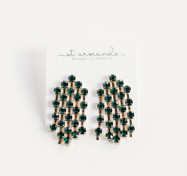 Elegant Green Rhinestone Tassel Statement Earrings | St Arands Designs of Sarasota