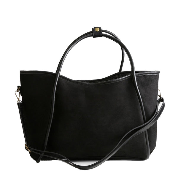Faux Suede Black Shoulder Tote Bag