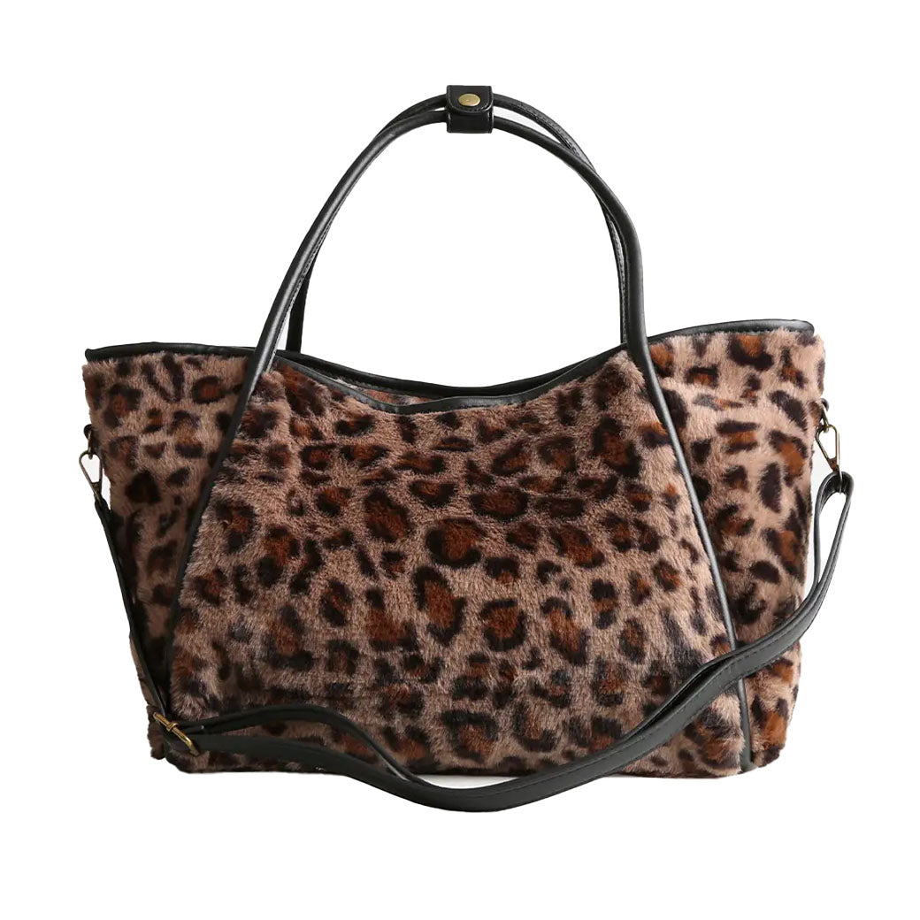 Leopard Pattern Faux Fur Shoulder Tote Bag
