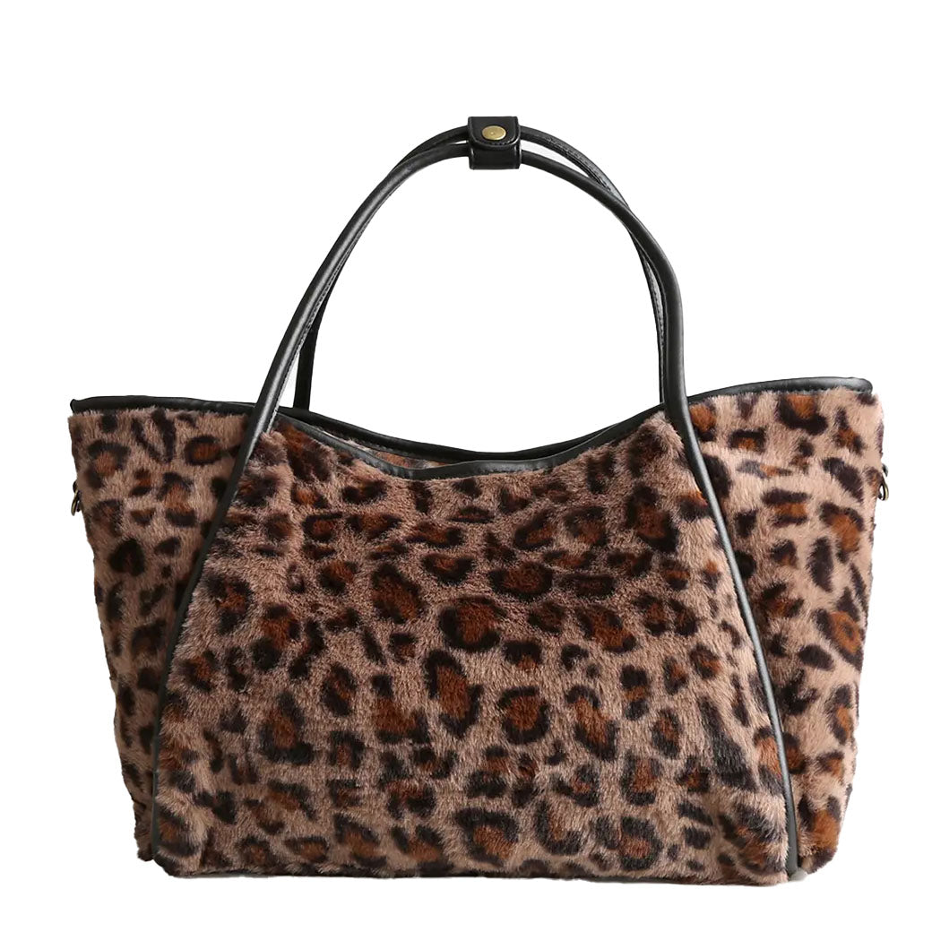 Leopard Pattern Faux Fur Shoulder Tote Bag