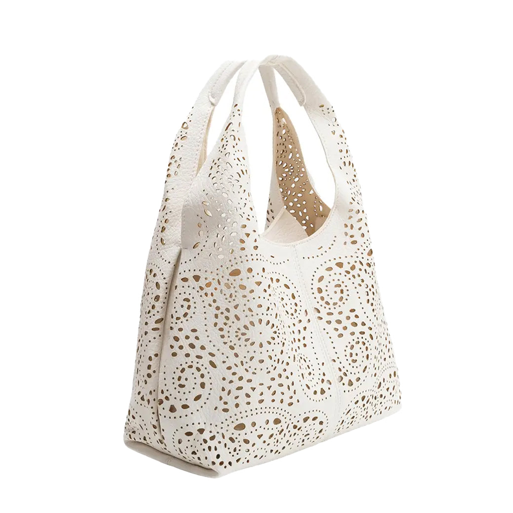 Farrow Ivory Laser-Cut Vegan Leather Tote | Melie Bianco