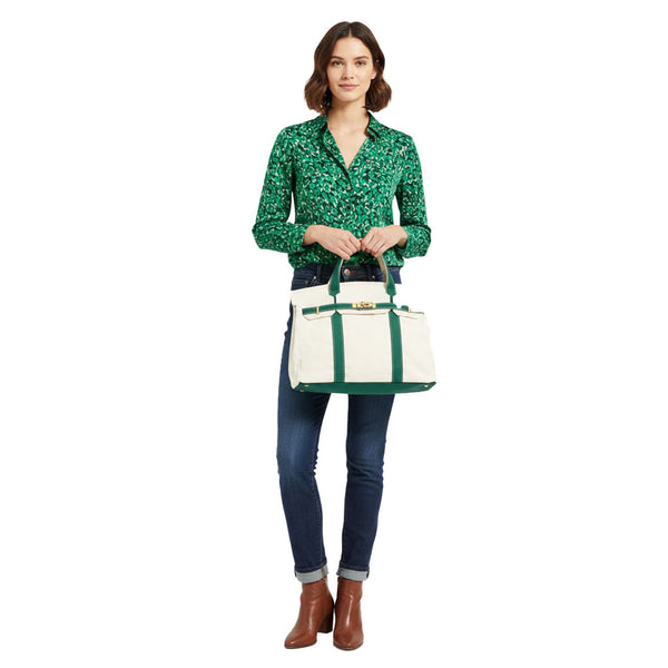 The Boatkin Canvas Tote – Handcrafted Vintage Lineman Canvas Bag with Green Trim & Gold Hardware
