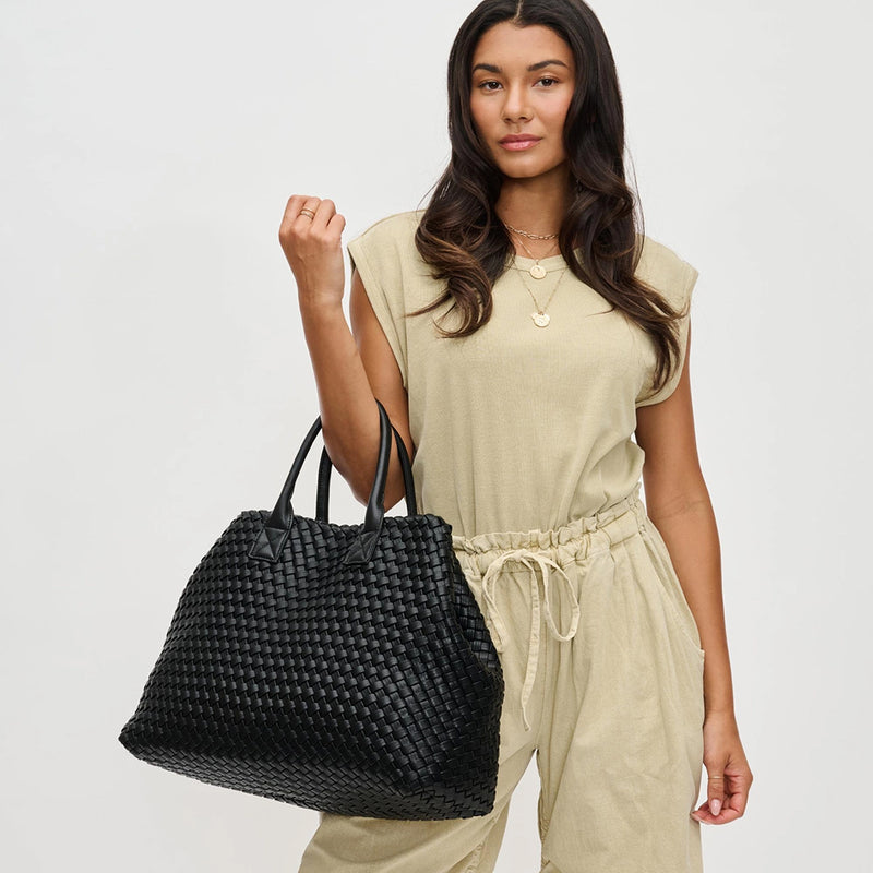 Ithaca Black Woven Vegan Leather Tote | Urban Expressions