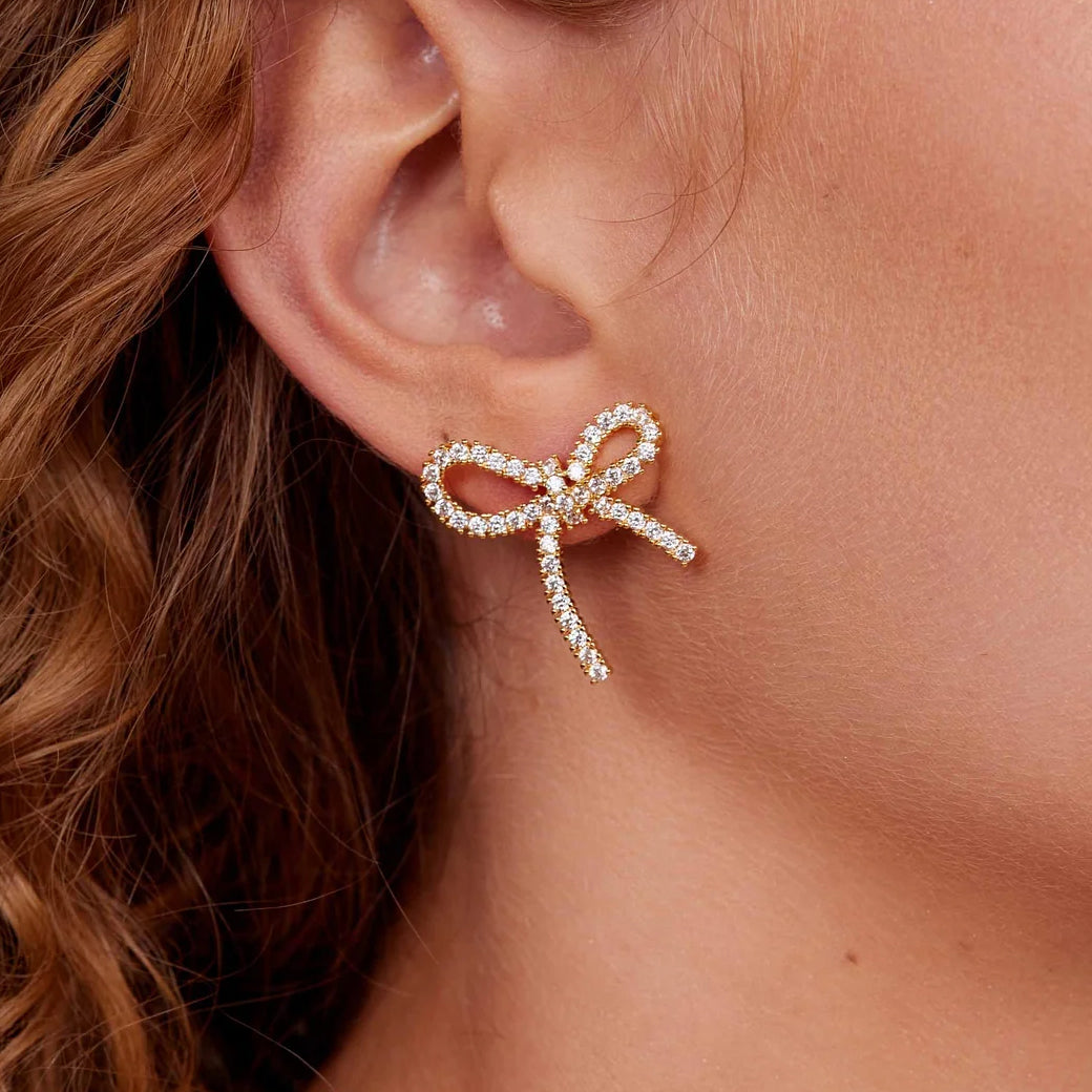 Gold Pavé Bow Stud Earrings – 18K Gold-Plated Crystal Bow Earrings | ZENZII