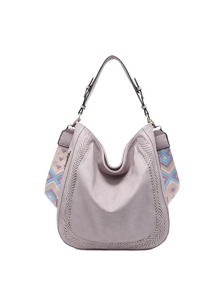 Aris Dusty Lavendar Whipstitch Hobo Bag with Boho Guitar Strap | Jen & Co
