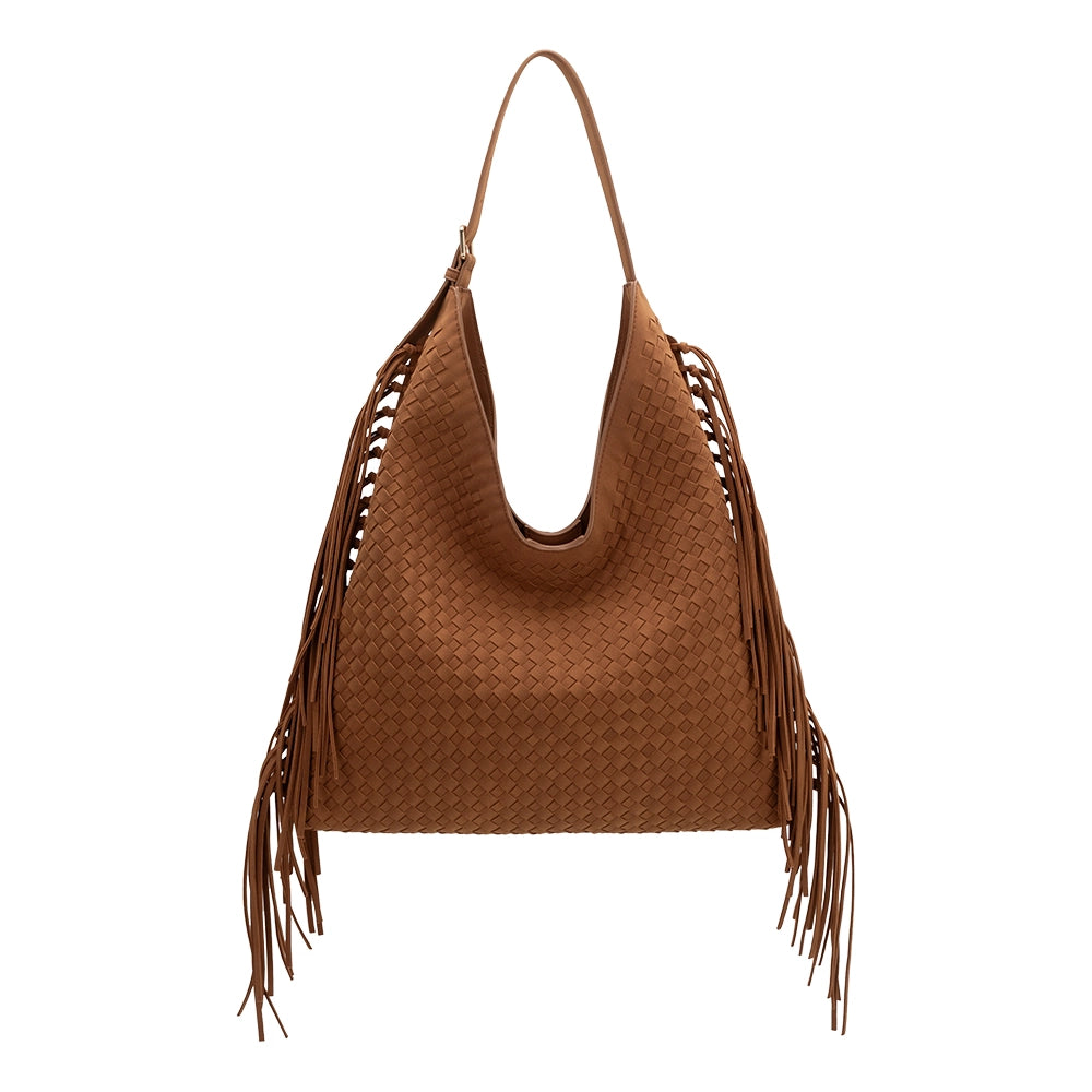 Brynlee Tan Vegan Suede Woven Fringe Tote | Melie Bianco