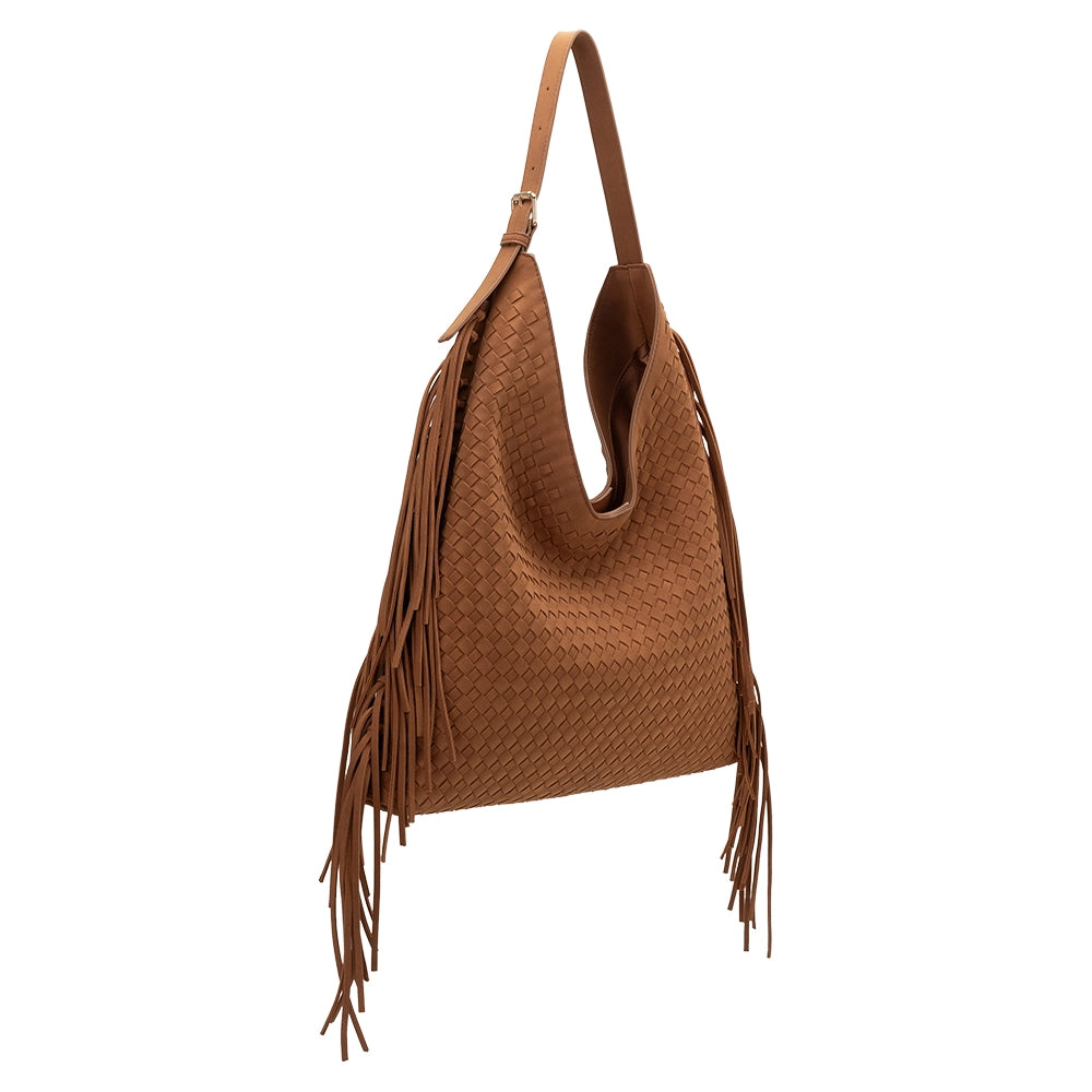 Brynlee Tan Vegan Suede Woven Fringe Tote | Melie Bianco