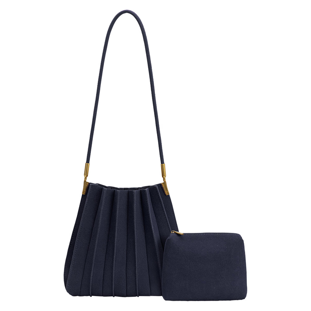 Carrie Navy Pleated Vegan Suede Shoulder Bag | Melie Bianco