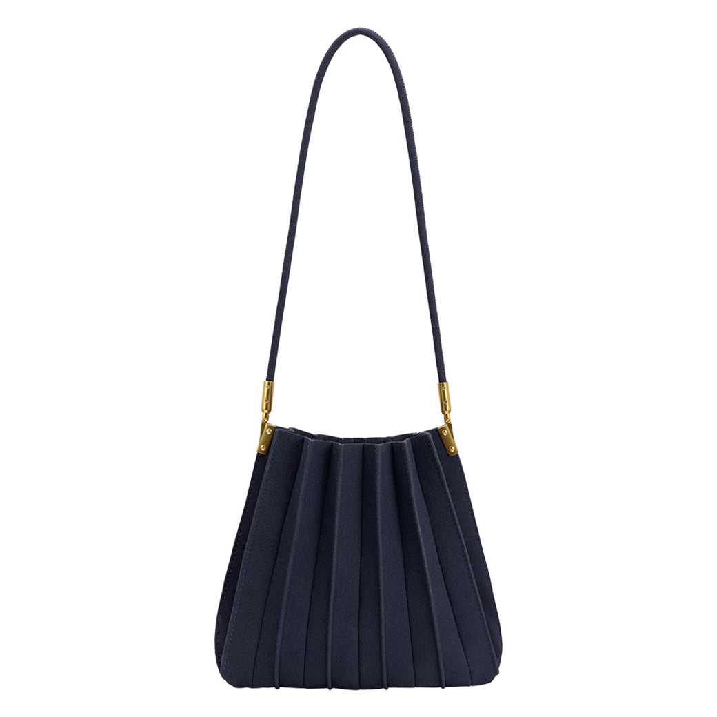 Carrie Navy Pleated Vegan Suede Shoulder Bag | Melie Bianco