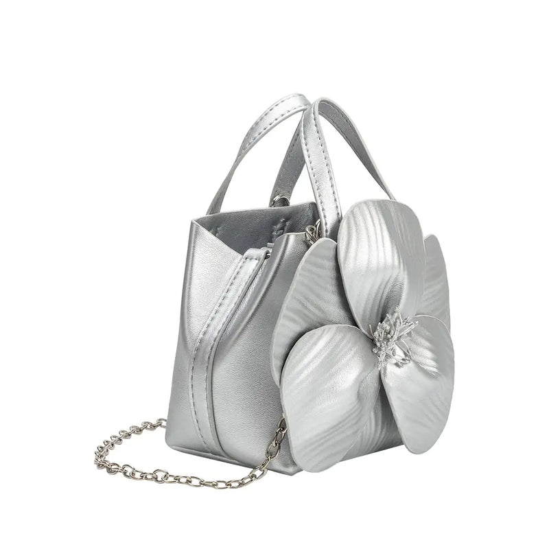 Monroe Silver Flower Vegan Leather Top Handle Bag | Melie Bianco