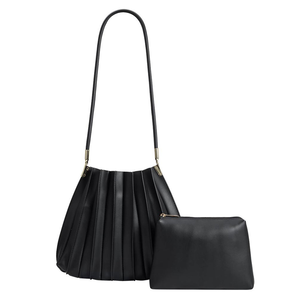 Carrie Black Pleated Vegan Leather Shoulder Bag | Melie Bianco