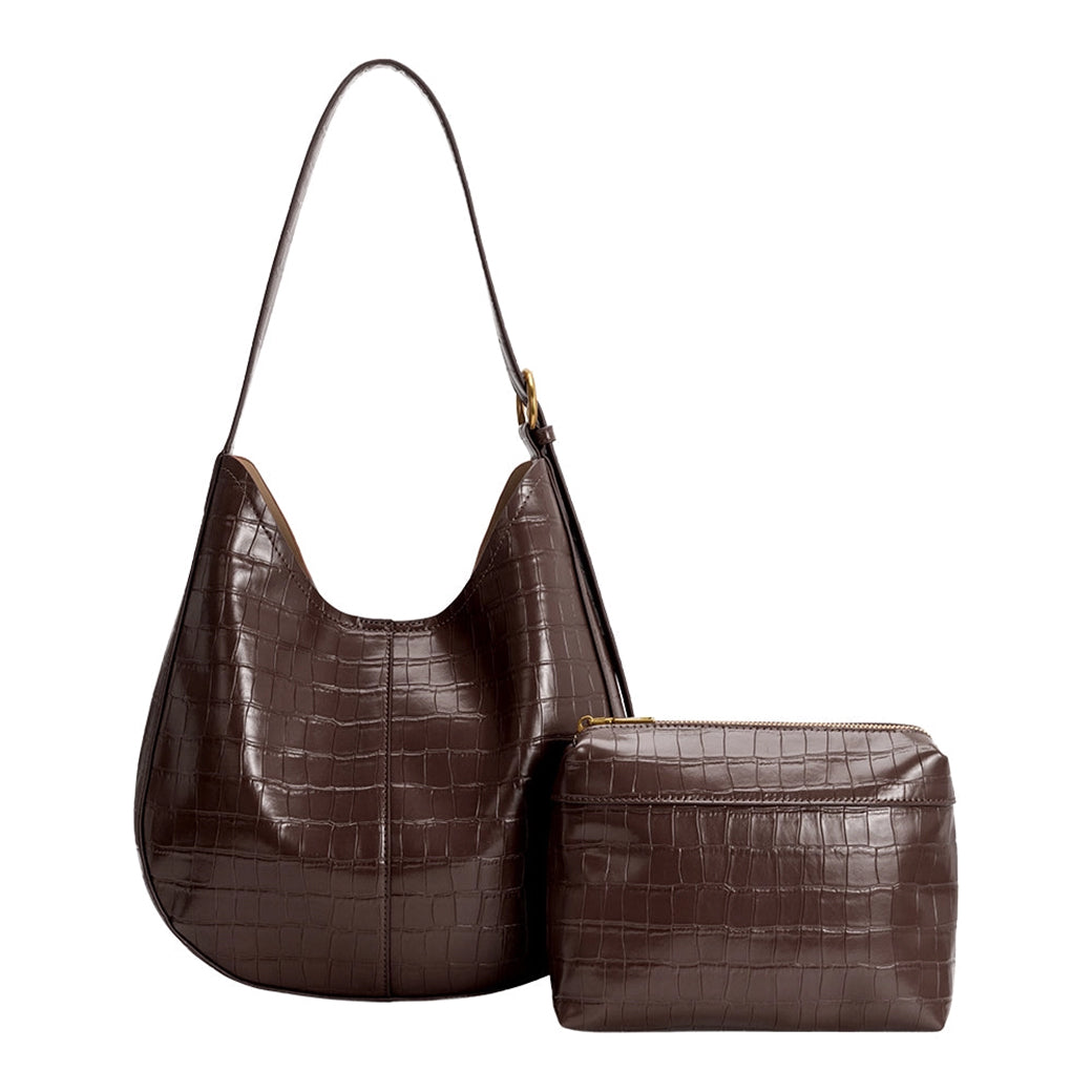 Stefanie Chocolate Embossed Vegan Leather Shoulder Bag | Melie Bianco