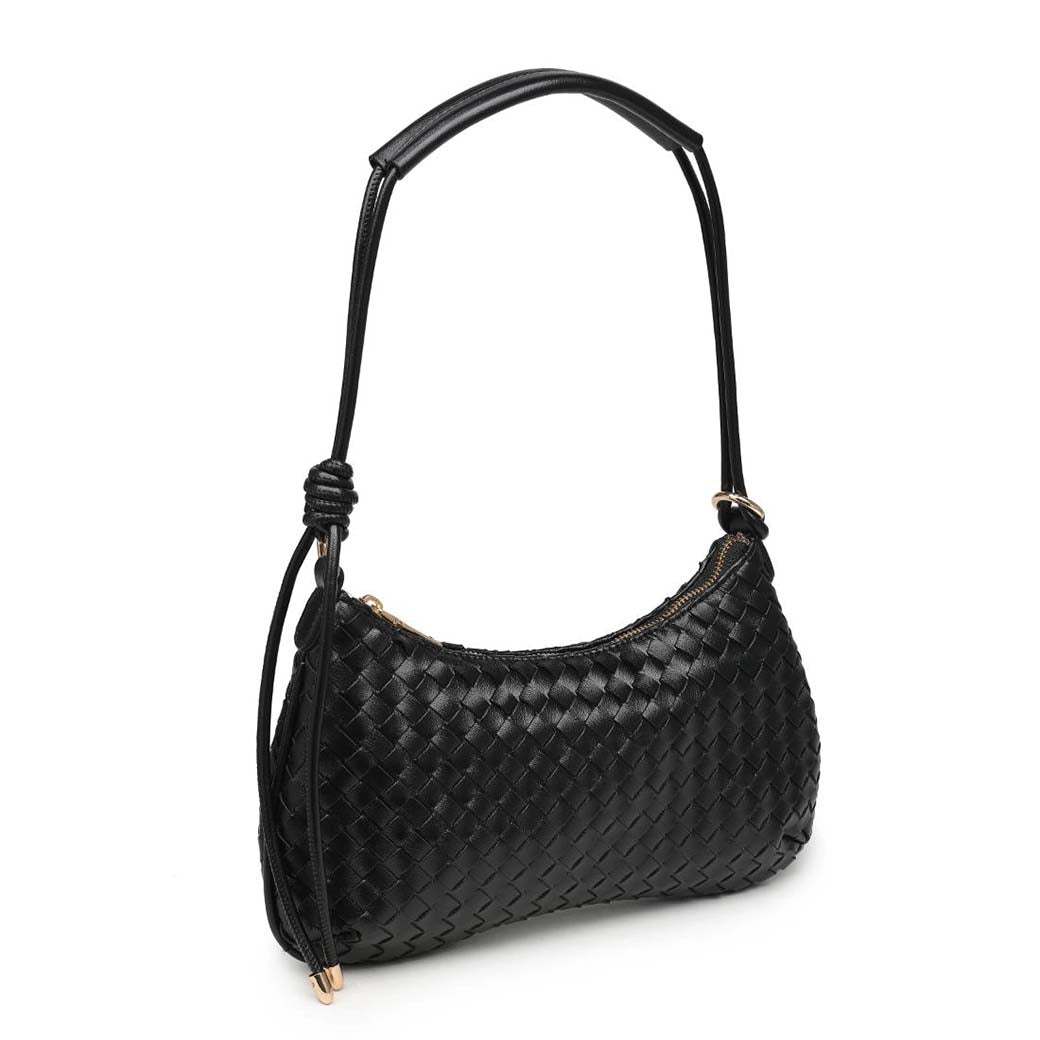 Cindy Black Woven Vegan Leather Shoulder Bag | Moda Luxe