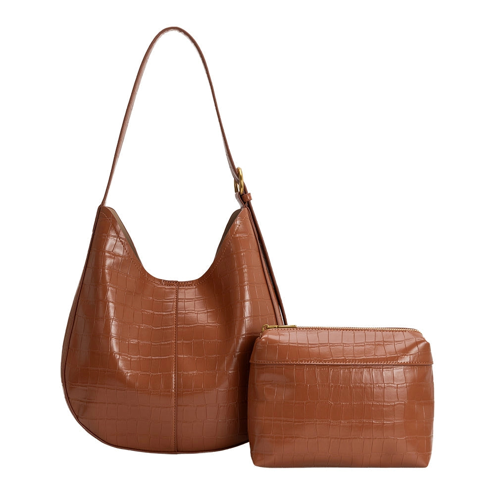 Stefanie Camel Croc Embossed Vegan Leather Shoulder Bag | Melie Bag