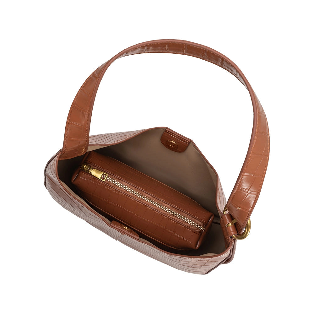 Stefanie Camel Croc Embossed Vegan Leather Shoulder Bag | Melie Bag