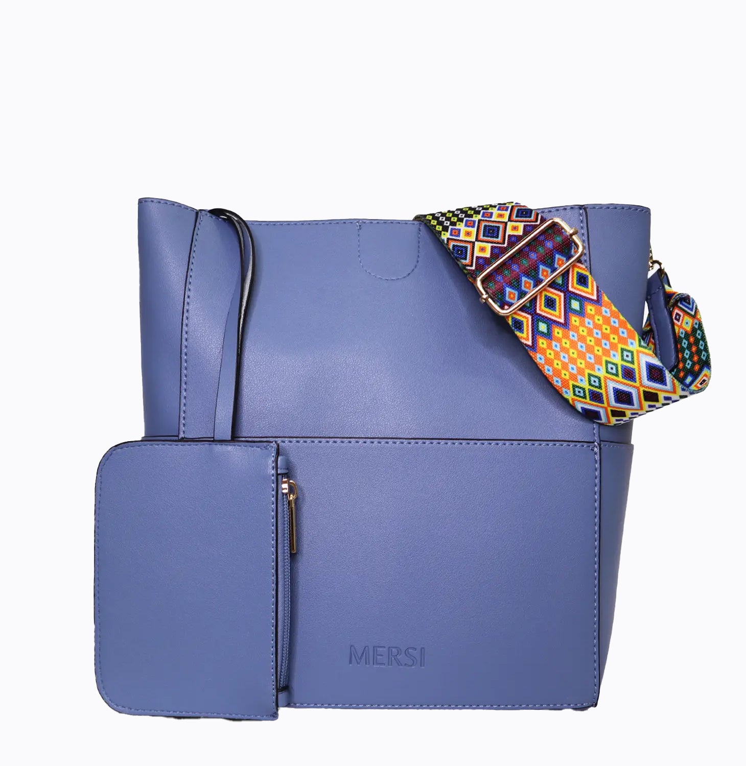 Demi Blue Vegan Bucket Tote - Versatile Bag with Detachable Mini Pouch | Mersi