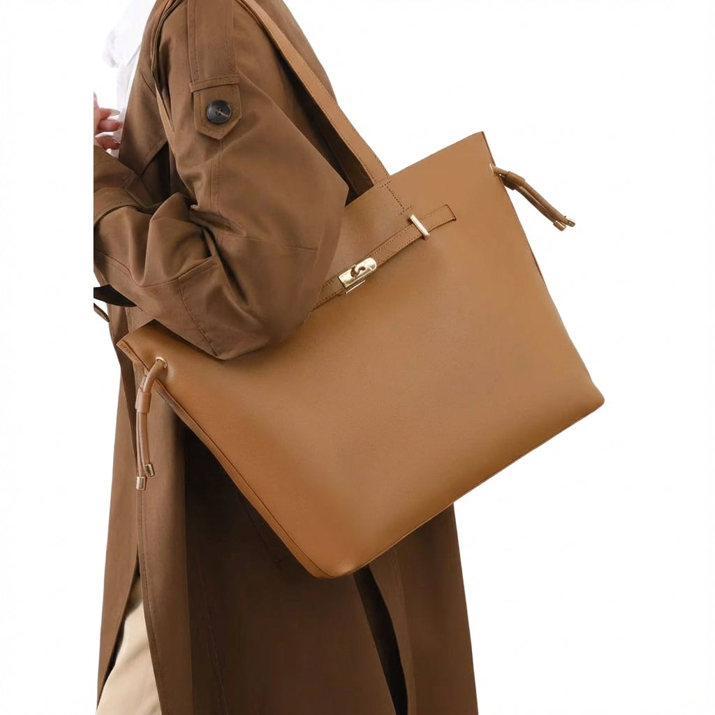 Tan Vegan Leather Convertible Drawstring Bucket Bag Tote