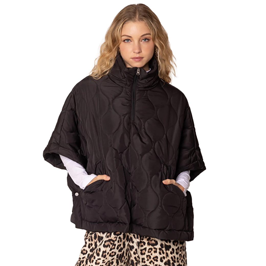 Women’s Black Quilted Half-Zip Poncho | W Trading